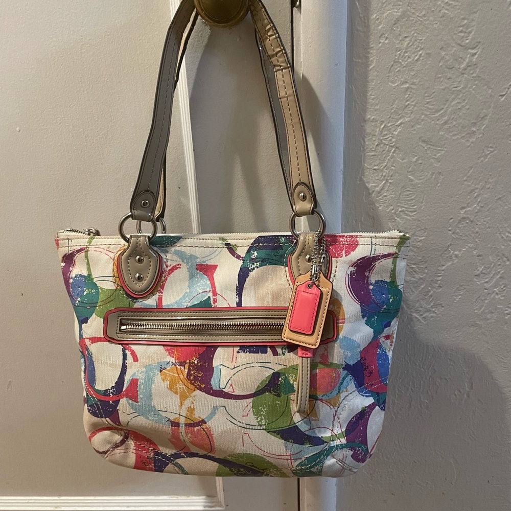 Coach Bag Poppy Signature C Stamped Hallie Multicolor Canvas Tote